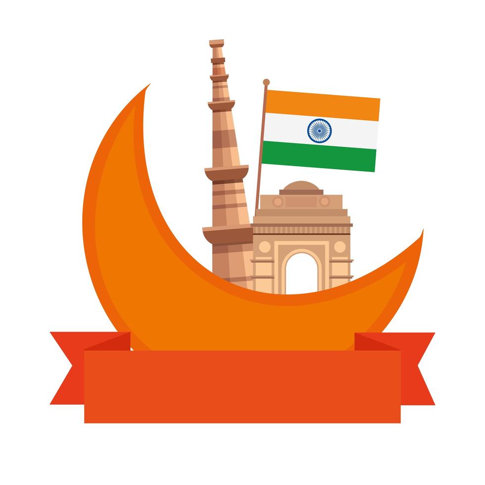 poort van india met de beroemde monumenten van qutub minar en de vlag van india vector