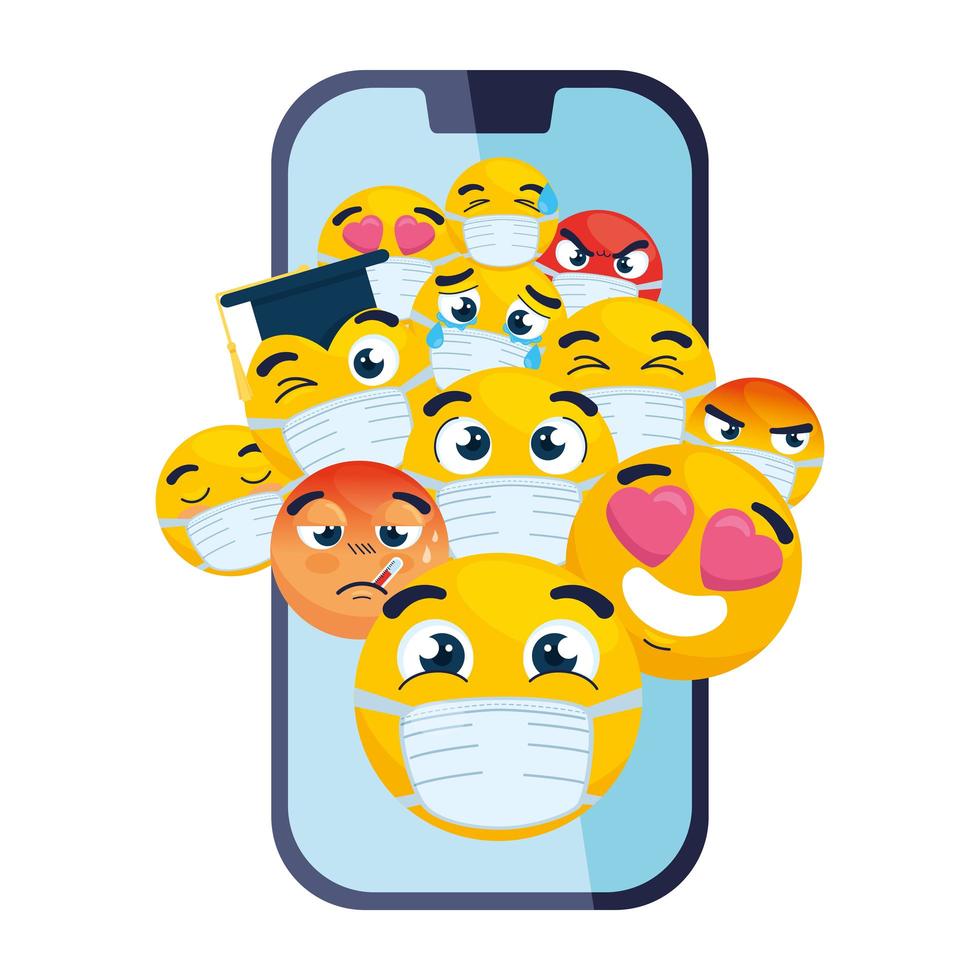 smartphone met emoji's die medisch masker op witte achtergrond dragen vector