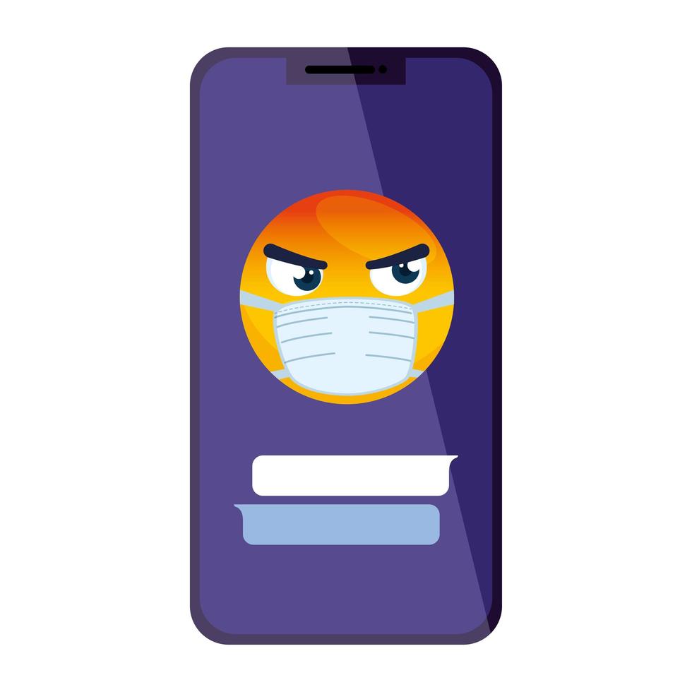 smartphone met emoji boos medisch masker dragen op witte achtergrond vector