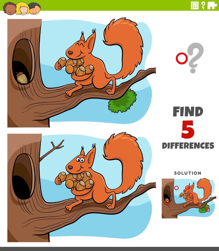 verschillen educatieve taak voor kinderen met eekhoorn en eikels vector