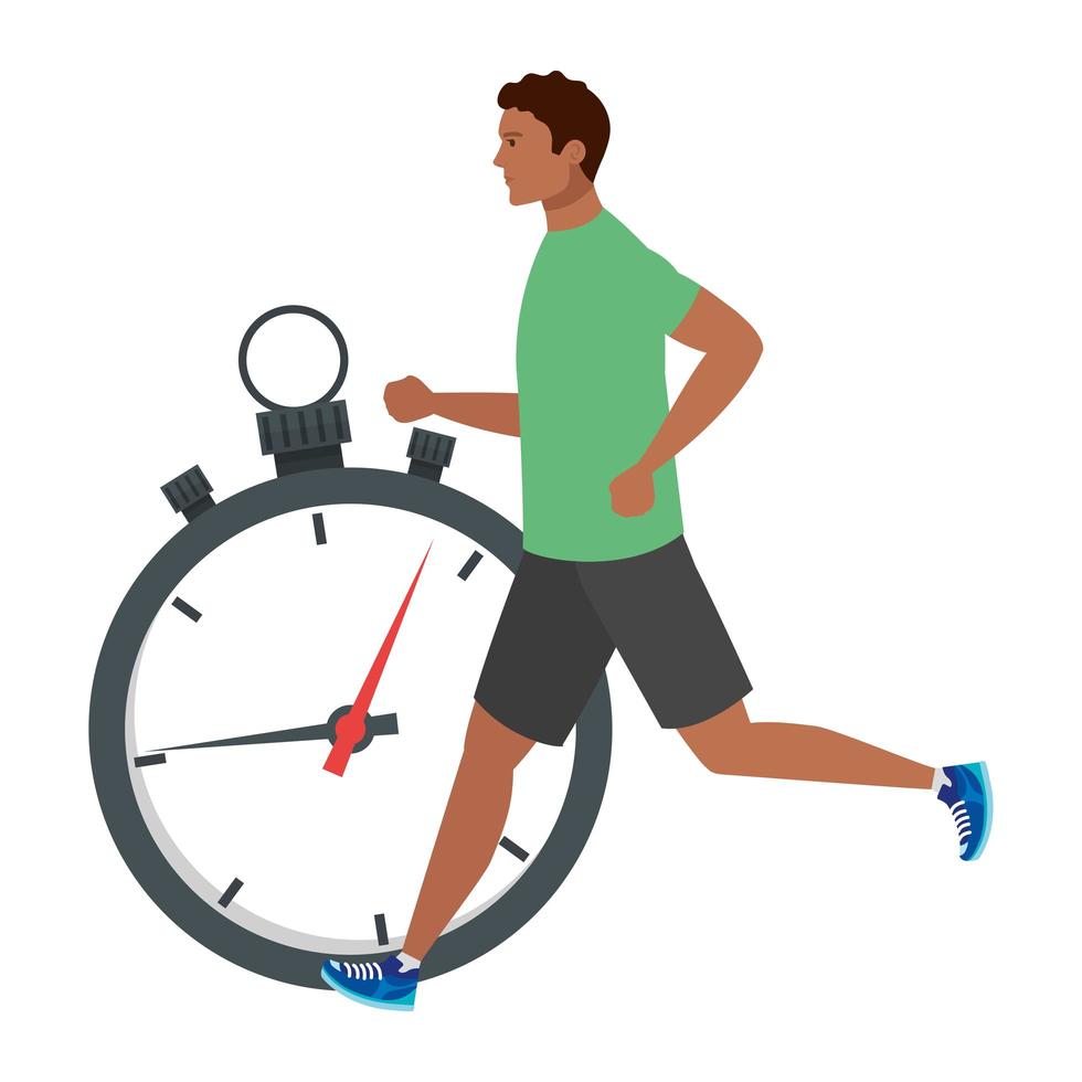 man afro loopt met stopwatch, man afro in sportkleding joggen, mannelijke afro atleet met chronometer op witte achtergrond vector