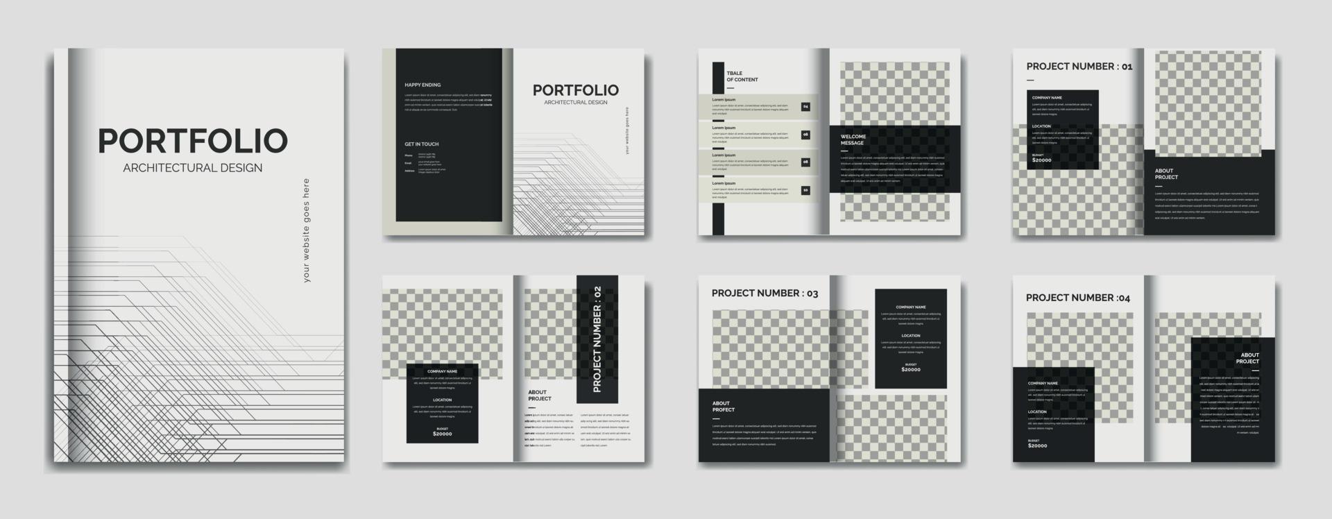 architectuur zwart en wit portefeuille ontwerp sjabloon, architectuur en interieur professioneel portefeuille lay-out, afdrukken klaar sjabloon, a4 standaard- grootte brochure voor architectuur portefeuille vector