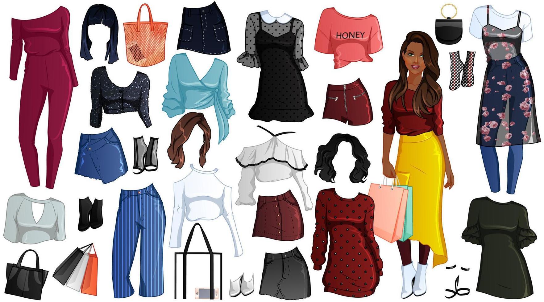 boodschappen doen Spree papier pop met mooi vrouw, outfits, kapsels en accessoires. vector illustratie