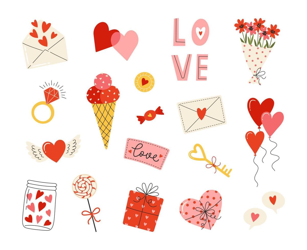 Valentijnsdag dag schattig elementen set. geschenk, hart, ballon, bloemen, boeket, snoep, en anderen voor decoratief. romantisch vector pictogrammen pak. liefde stickers voor dagelijks ontwerper en dagboek.