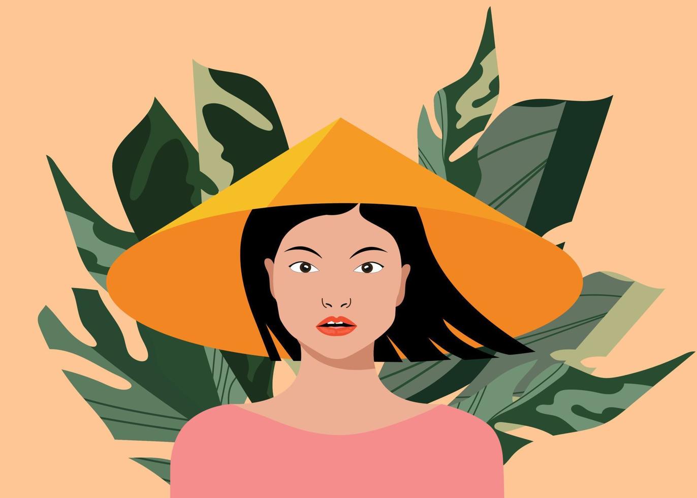 Aziatisch vrouw, traditioneel kostuum, conisch hoed. jong, mooi vrouw, zwart haar. weelderig struikgewas in de achtergrond, banaan palm bladeren. modern vector illustratie.