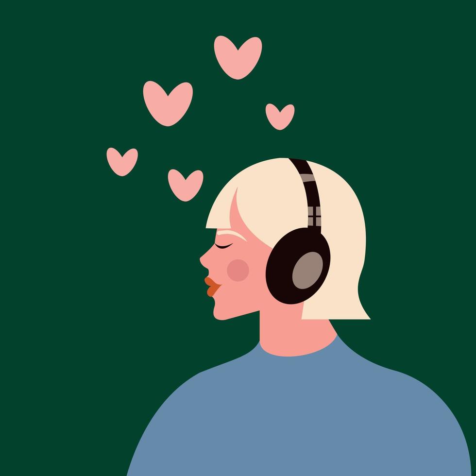 mooi jong meisje in hoofdtelefoons luisteren naar muziek, radio, podcast of audio boek. melomanisch, muziek- minnaar. vrouw genieten van haar favoriete liedjes. vlak vector illustratie met een vrouw karakter