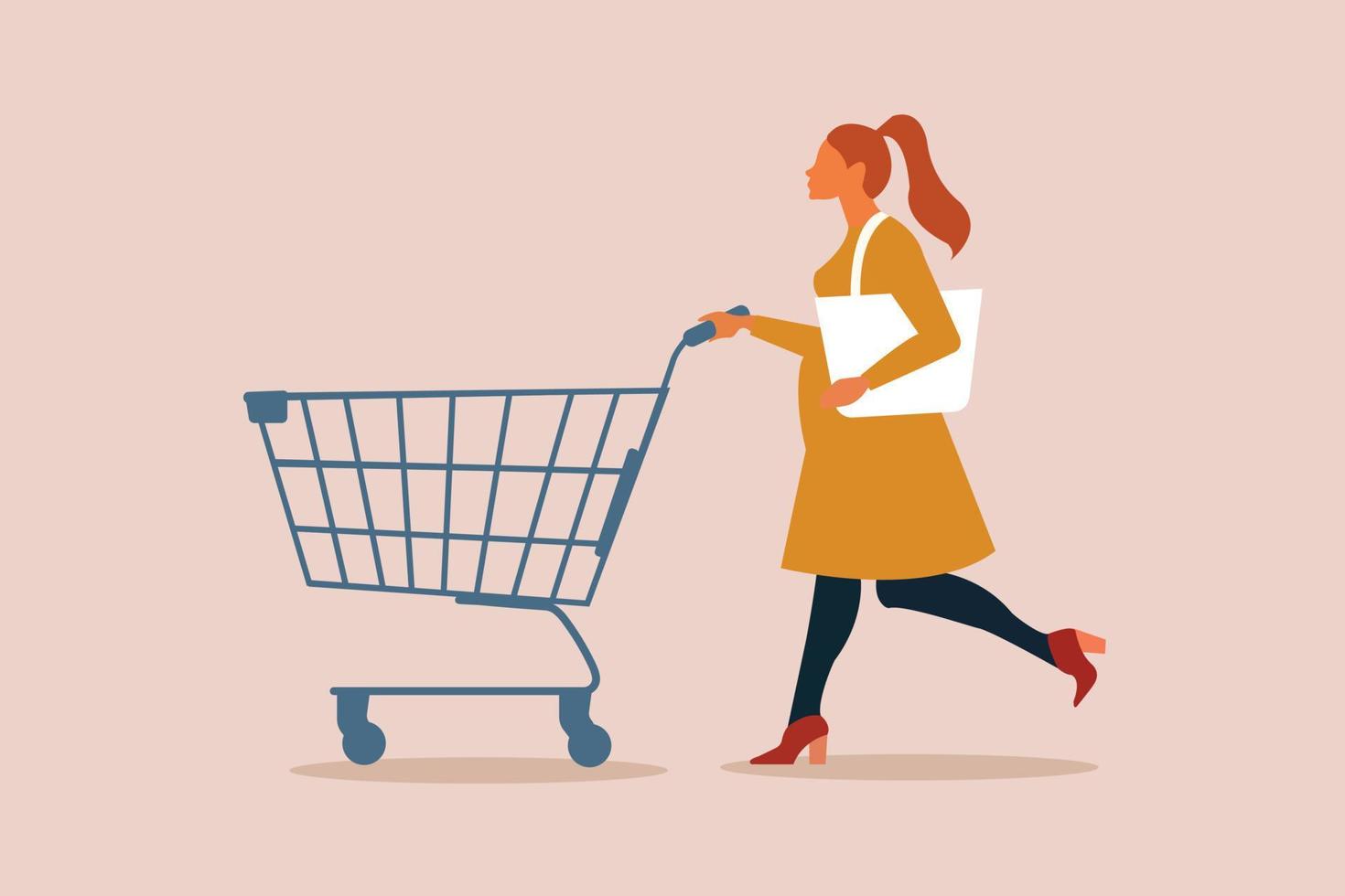 vrouw gaan boodschappen doen met een leeg kar. jong mooi meisje rennen en voortvarend een karretje. korting, groot uitverkoop, klant, shopaholic concept. modern vector illustratie voor banier, advertentie