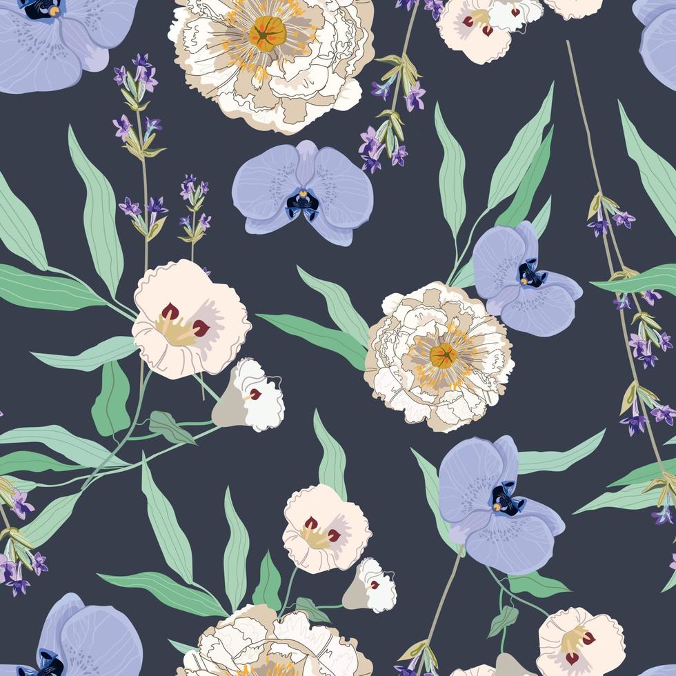modieus bloemen naadloos patronen. room en blauw tuin bloemen. ontwerp voor mode, kleding stof, textiel, behang, omslag, web, verpakking en allemaal prints Aan donker blauw achtergrond vector