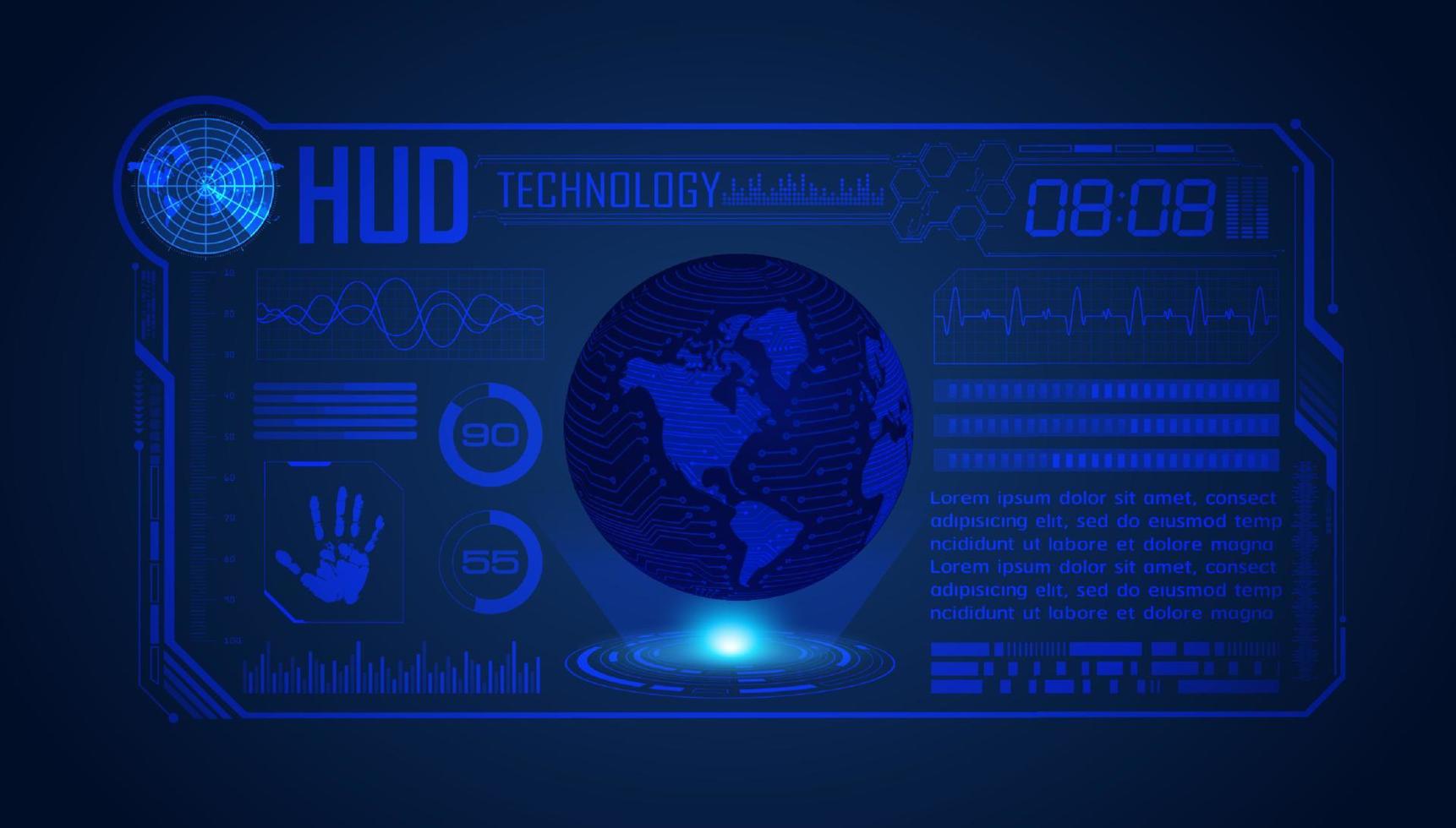 blauw modern hud technologie scherm achtergrond met wereldbol vector