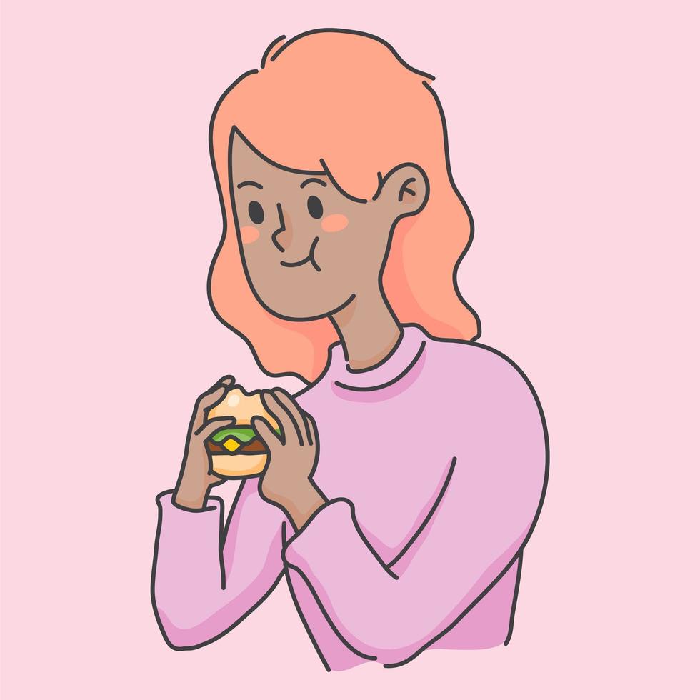 meisje eet hamburger junkfood schattige mensen illustratie vector