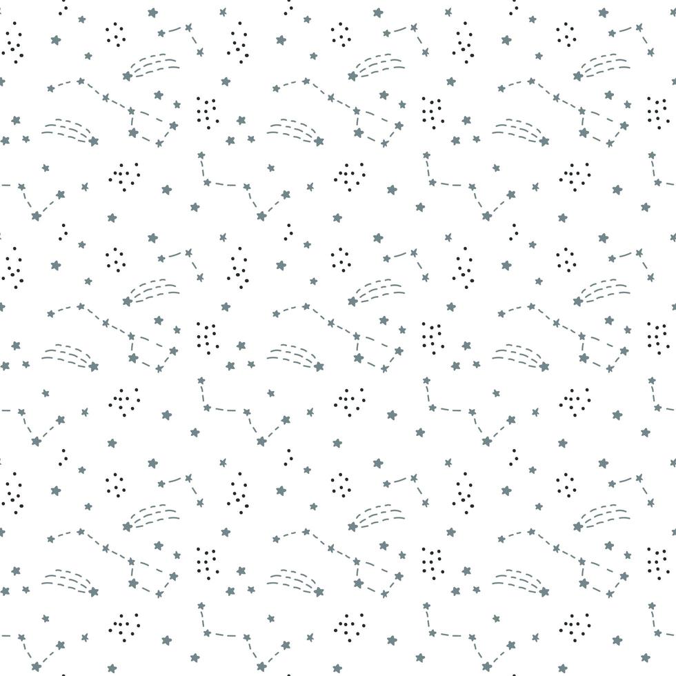 Scandinavisch naadloos vectorpatroon voor decoratie, ontwerp. astronomie verschillende sterrenbeelden op een witte achtergrond. sterrenbeeld van de heldere sterren met gloeiende lijnen en punten. sterrenkaart, kaart vector