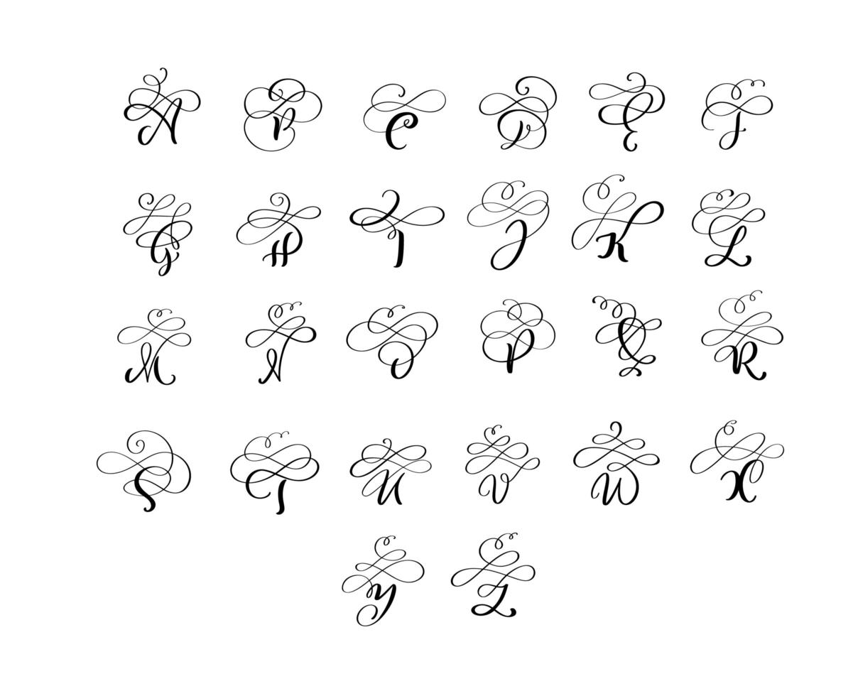 vector hand getrokken kalligrafische bloeien letters monogram of logo. hoofdletters hand belettering alfabet met wervelingen en krullen. bruiloft bloemdessin
