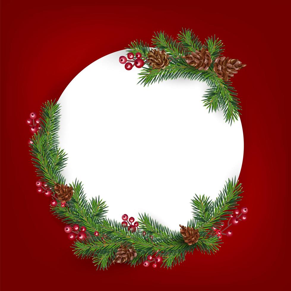 achtergrond met rand van realistisch uitziende kerstboomtakken versierd met bessen en kegels. wenskaart met plaats voor tekst vector