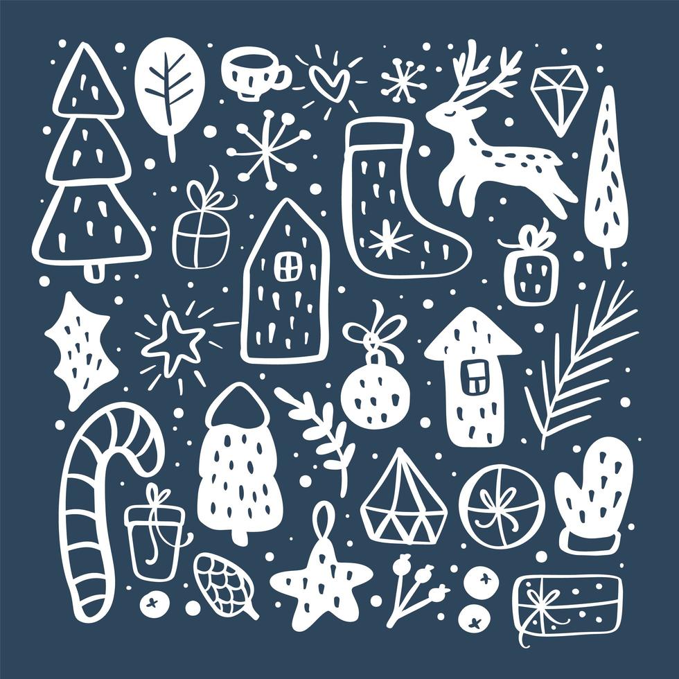 Nieuwjaar kerstkaart vector overzicht pictogramserie. verschillende decoratieve elementen voor wintervakantie voor ontwerp. trendy scandinavische stijl. doodle schets in stijl van kind hand tekenen