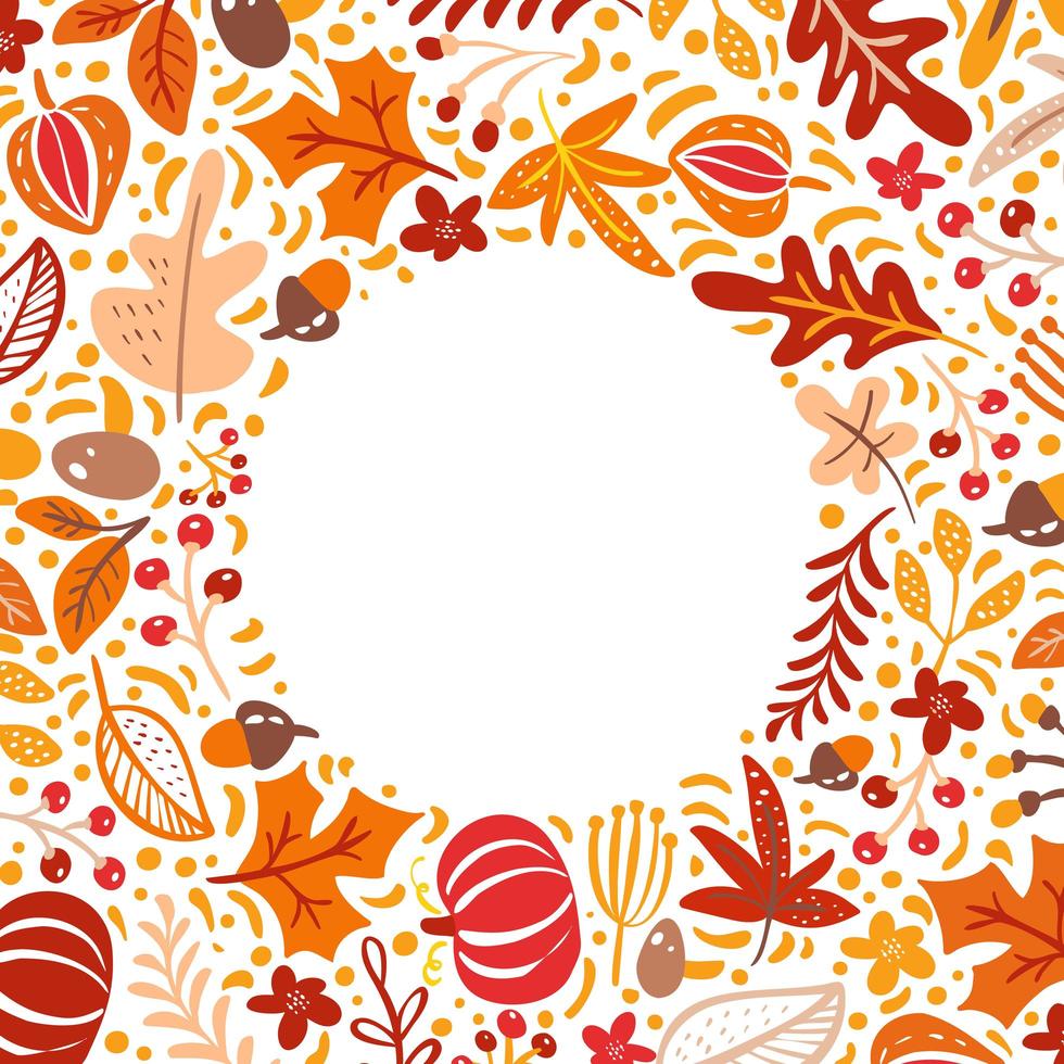 herfstbladeren, bessen en pompoenen grenskader achtergrond met ruimtetekst. seizoensgebonden bloemen esdoorn eik oranje bladeren voor thanksgiving day vector