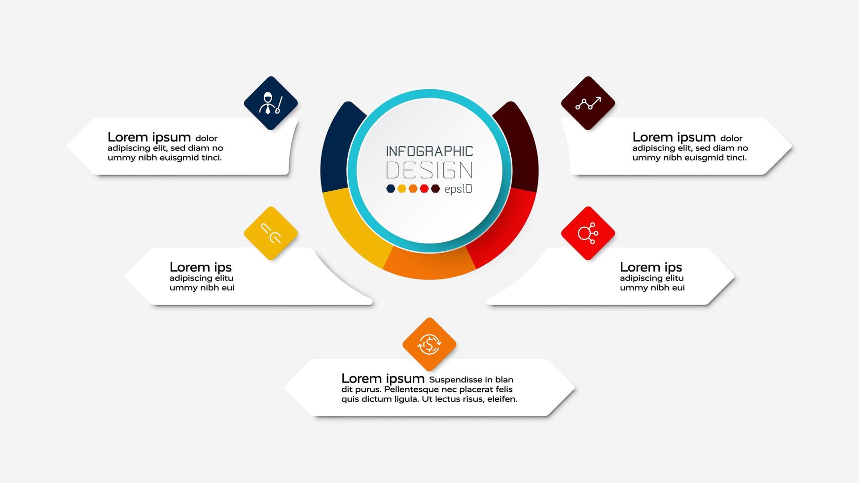 ontwerpcirkeldiagrammen kunnen worden gebruikt om organisaties, onderzoeken of presentaties te beschrijven. infographic. vector