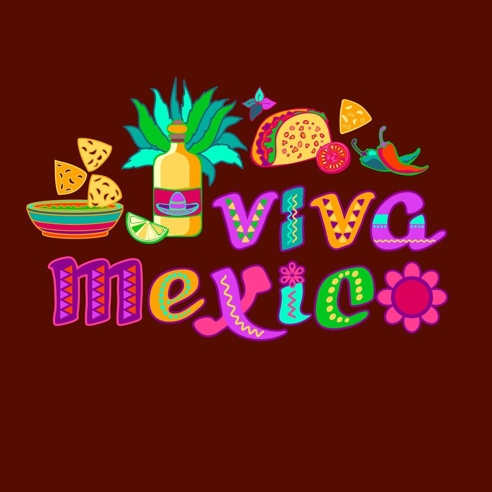 viva Mexico, versierd logo. tekenfilm brieven, tequila, nacho's. vector illustratie.