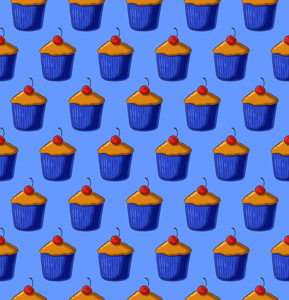 licht blauw naadloos vector achtergrond met vers heerlijk cupcakes