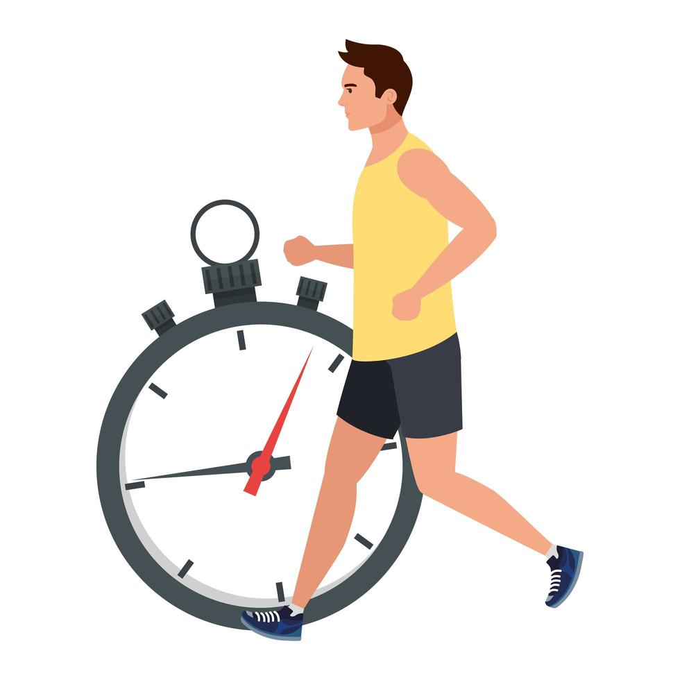 man loopt met stopwatch, man in sportkleding joggen, mannelijke atleet met chronometer op witte achtergrond vector
