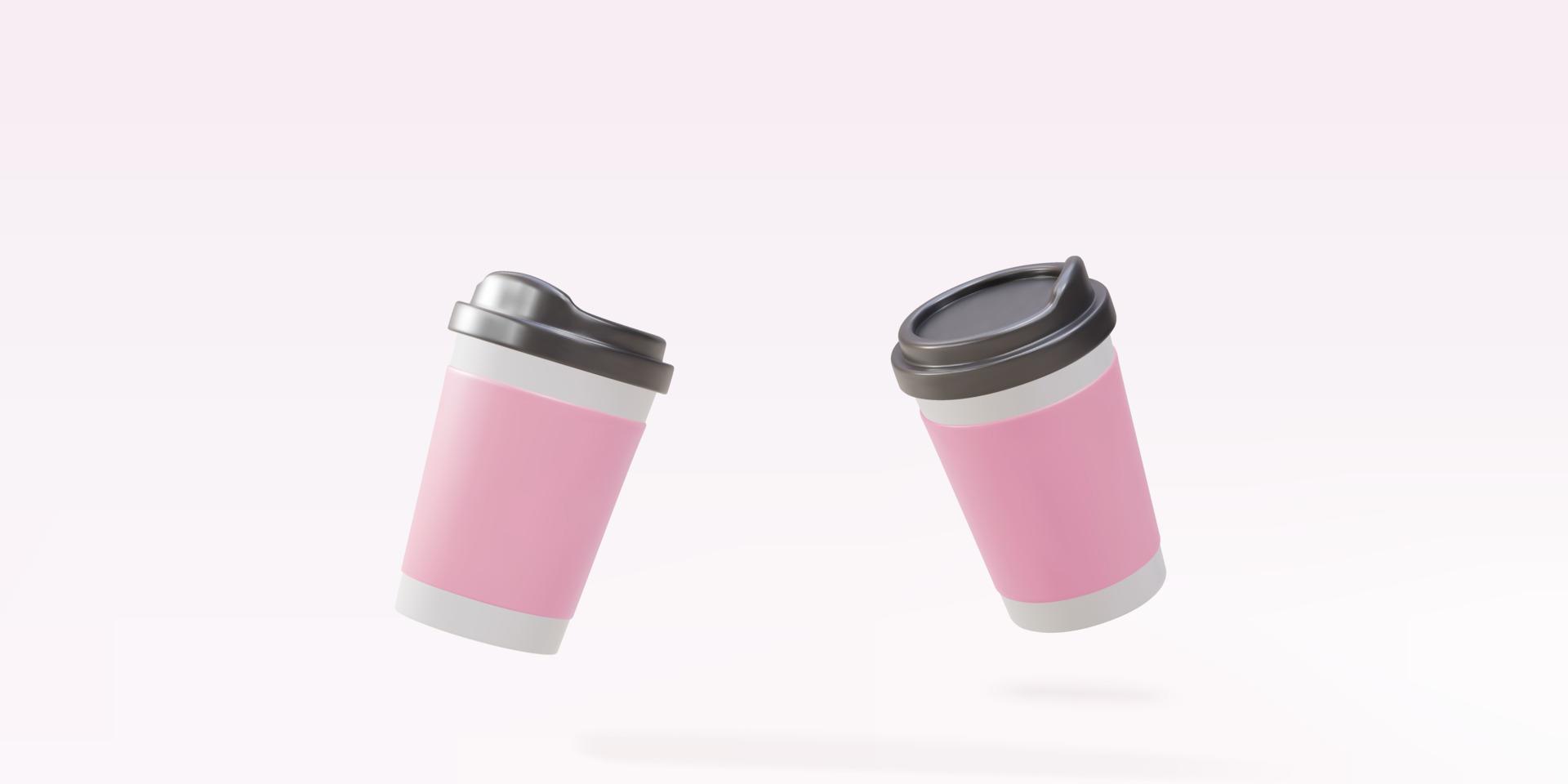 3d twee papier koffie cups Aan een roze achtergrond. vector illustratie.