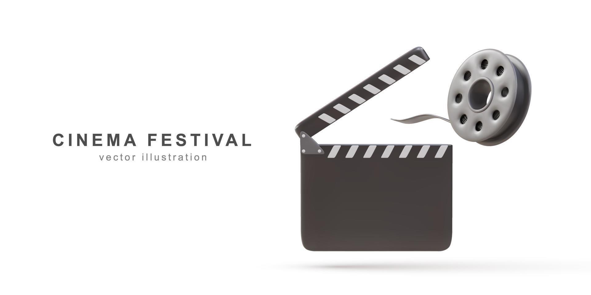3d realistisch film bioscoop festival poster film haspels en bioscoop klepel. vector illustratie.