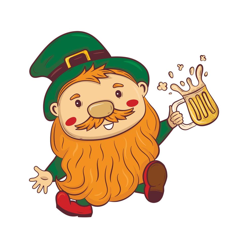 tekenfilm tekening heilige Patrick roodbaard besnorde gnoom met een mok van bier in zijn handen vector