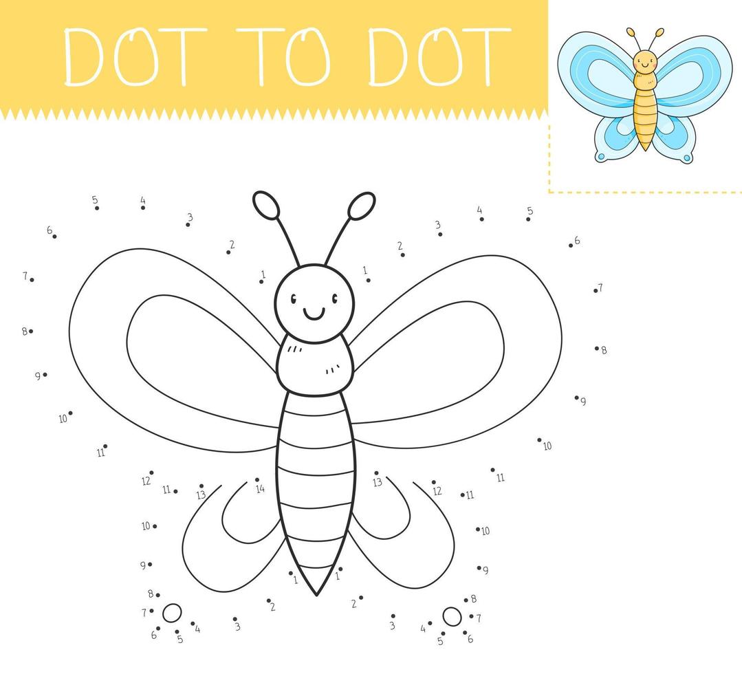 punt naar punt spel kleur boek met vlinder voor kinderen. kleur bladzijde met een schattig tekenfilm vlinder. aansluiten de dots vector illustratie.