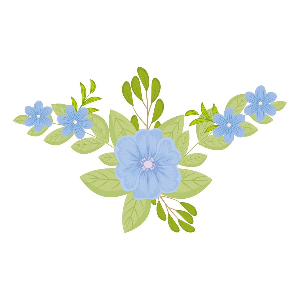 blauwe bloemen met bladeren vector ontwerp