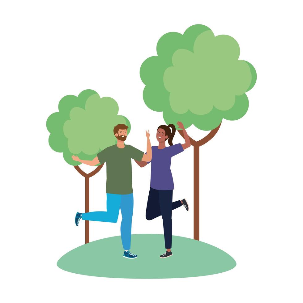 vrouw en man avatar bij park met bomen vector ontwerp