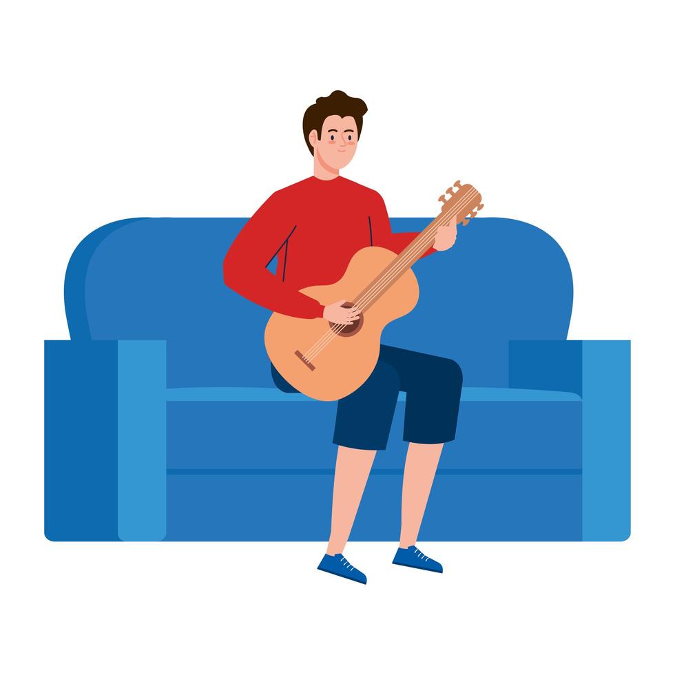 jonge man gitaarspelen zittend op een bank op witte achtergrond vector