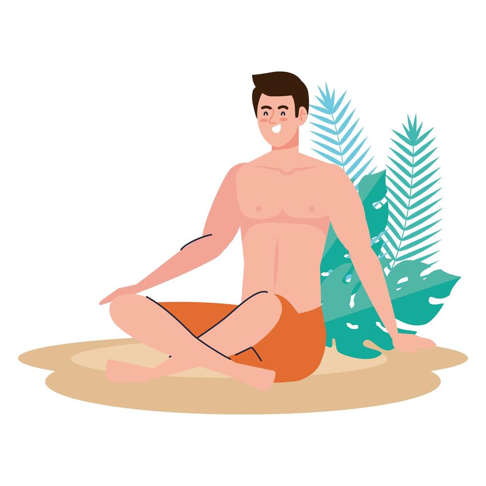 man in korte broek zittend op het strand met tropische bladeren decoratie, zomervakantie seizoen vector