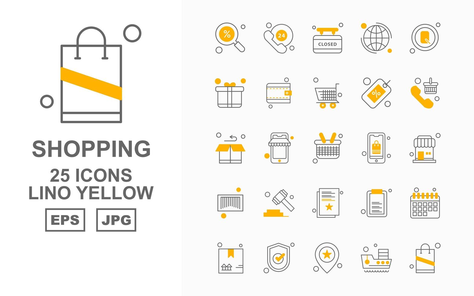 25 premium shopping lino geel icon pack vector