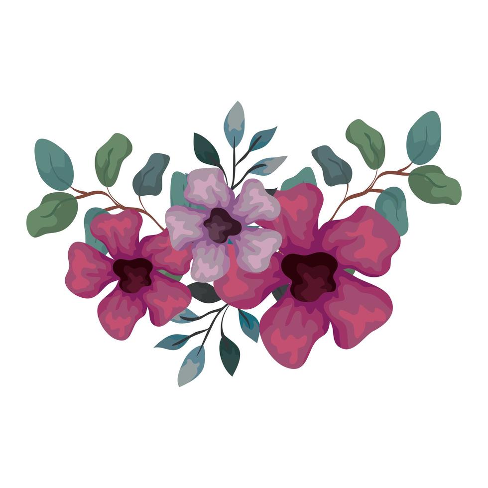 bloemen paars en lila kleur met takken en bladeren, op witte achtergrond vector