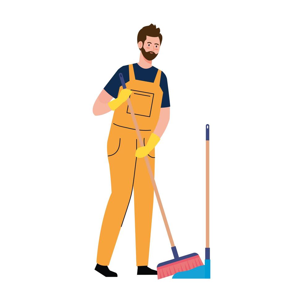 man werknemer van schoonmaak service, met plukker huishouden en bezem, op witte achtergrond vector