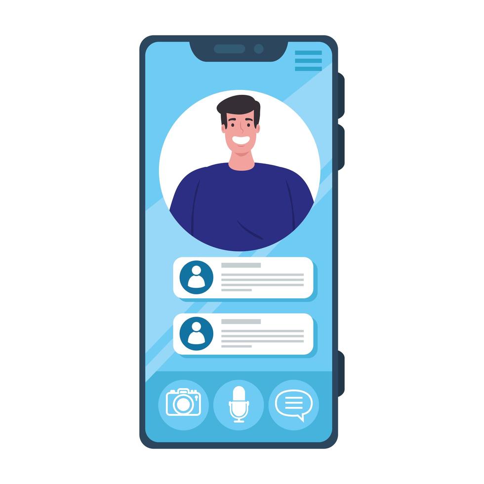 online chatberichten, man in scherm van smartphone, chat digitale communicatie online vector