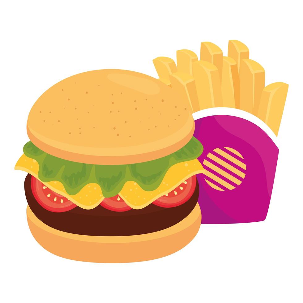 hamburger met aardappelen frietjes, op witte achtergrond vector