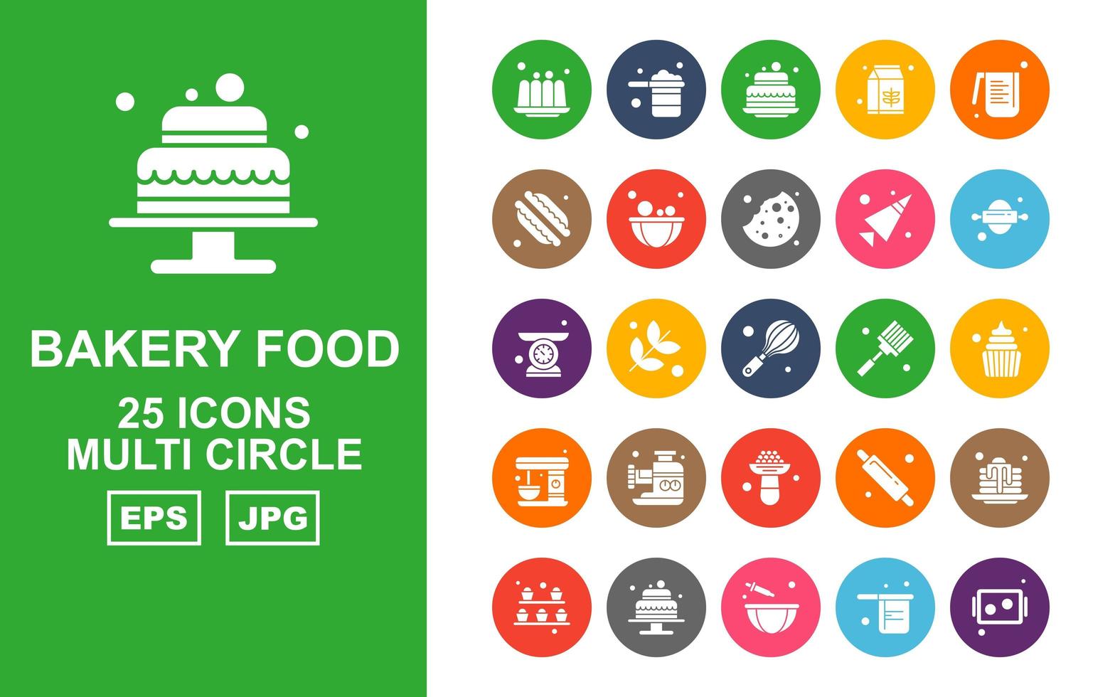 25 premium bakkerij voedsel multi cirkel icon pack vector
