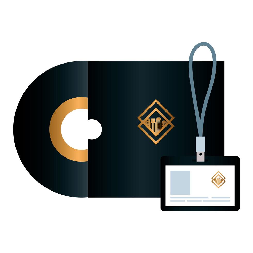 mockup compact disc en id-badge zwarte kleur, met gouden bord, huisstijl vector