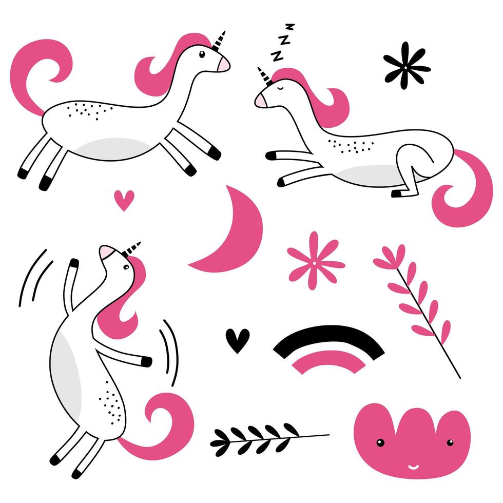 set van gekleurde grappige dieren met slaapmaan-, wolk-, ster- en eenhoorndromen in Scandinavische stijl. vector