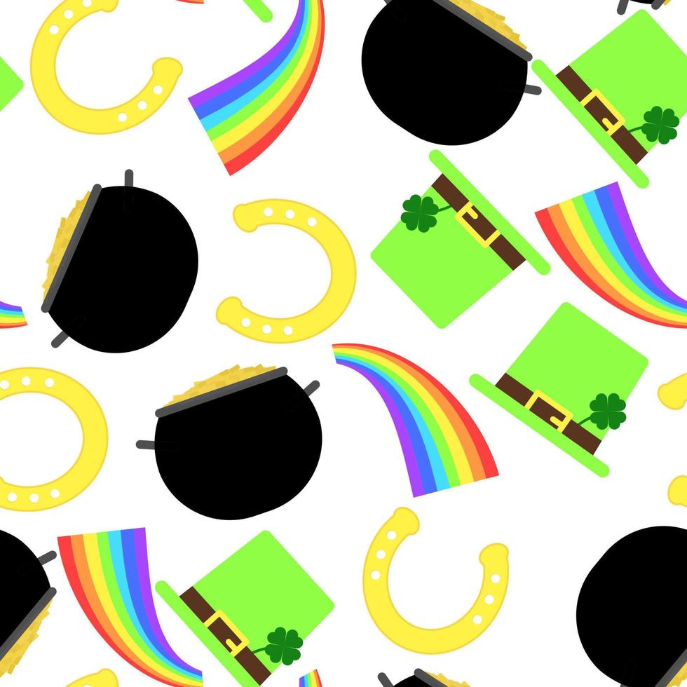 patroon met Patrick elementen. naadloos patroon met ketel, munten, kabouters hoed, regenboog, hoefijzer. vector illustratie.