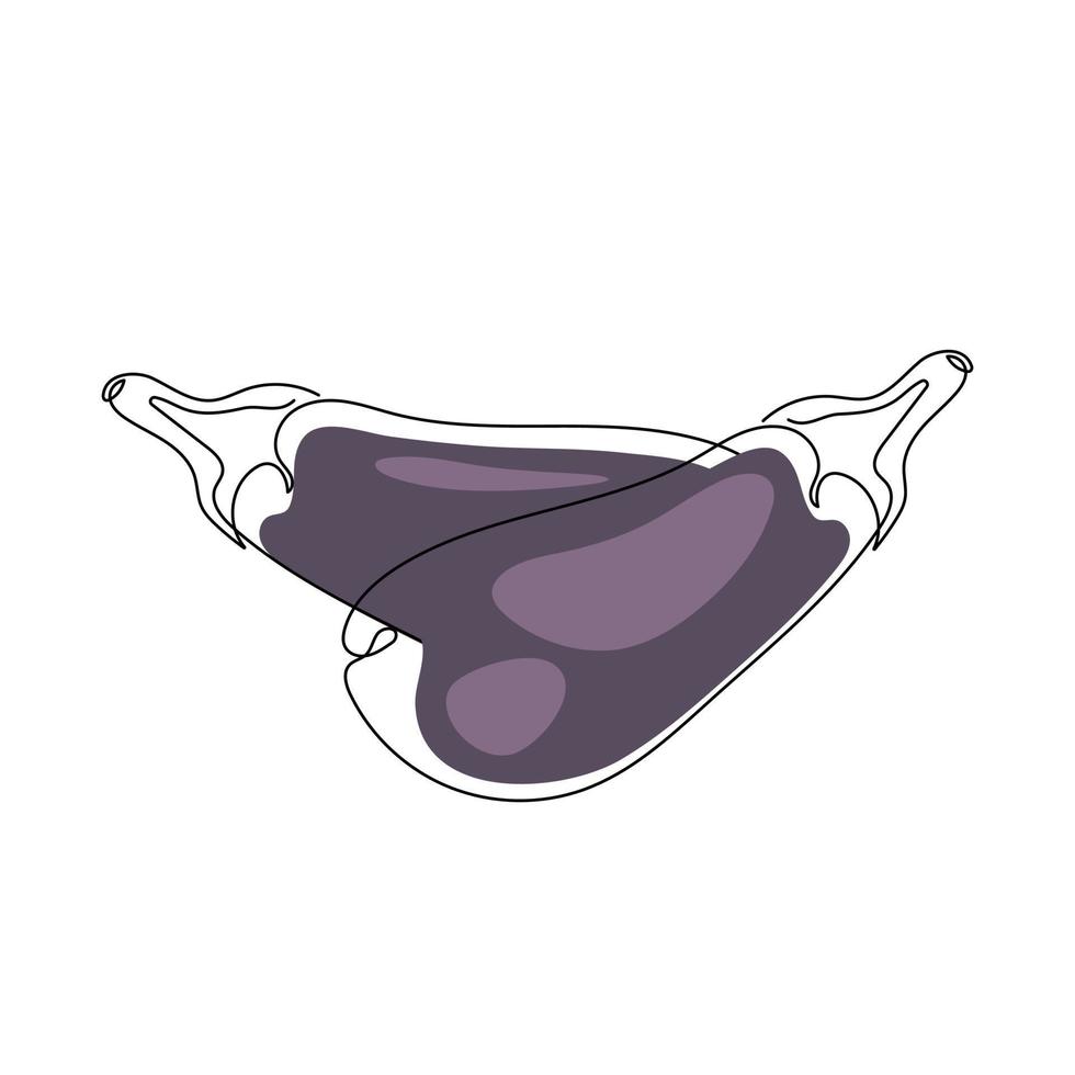 doorlopend een lijn tekening aubergine. minimalistische zwart een lijn schetsen met kleur vlekken geïsoleerd Aan wit achtergrond. vers voedsel veganistisch concept ontwerp. doorlopend hand- getrokken vector illustratie.