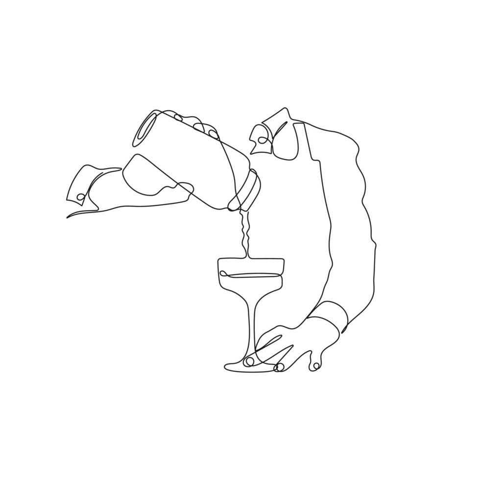 barmannen maken cocktail. barman, barman, barista gieten drankje. een lijn tekening stijl. hand- getrokken vector illustratie.