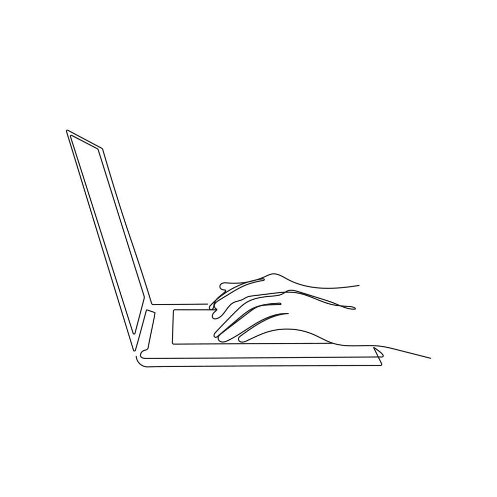 handen typen Aan laptop. doorlopend een lijn tekening. werk, studie concept. vector illustratie.