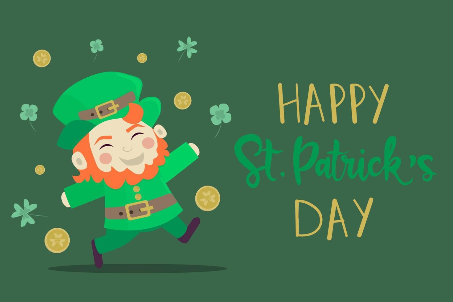 st. patricks dag groet kaart. viering belettering met elf van Ierse folklore, regenboog, Lucky munten. vector