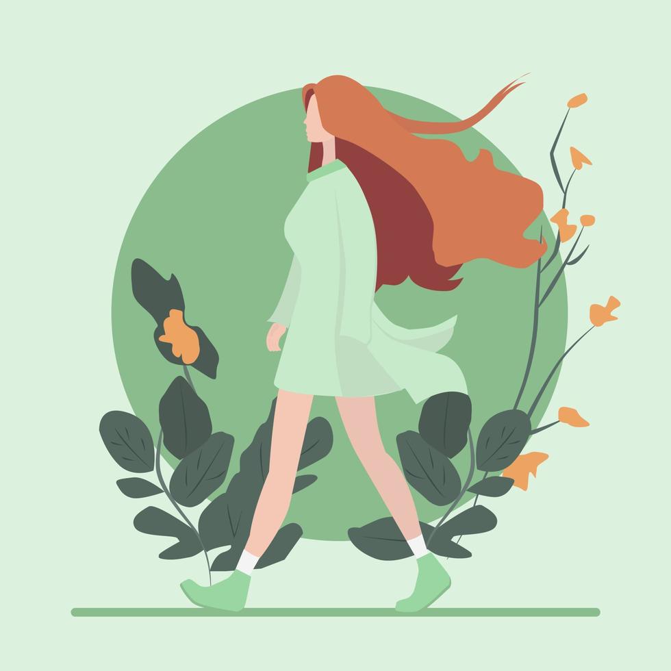 vrouwen dag concept. mooi vrouw wandelingen tussen bloemen en bomen. vector