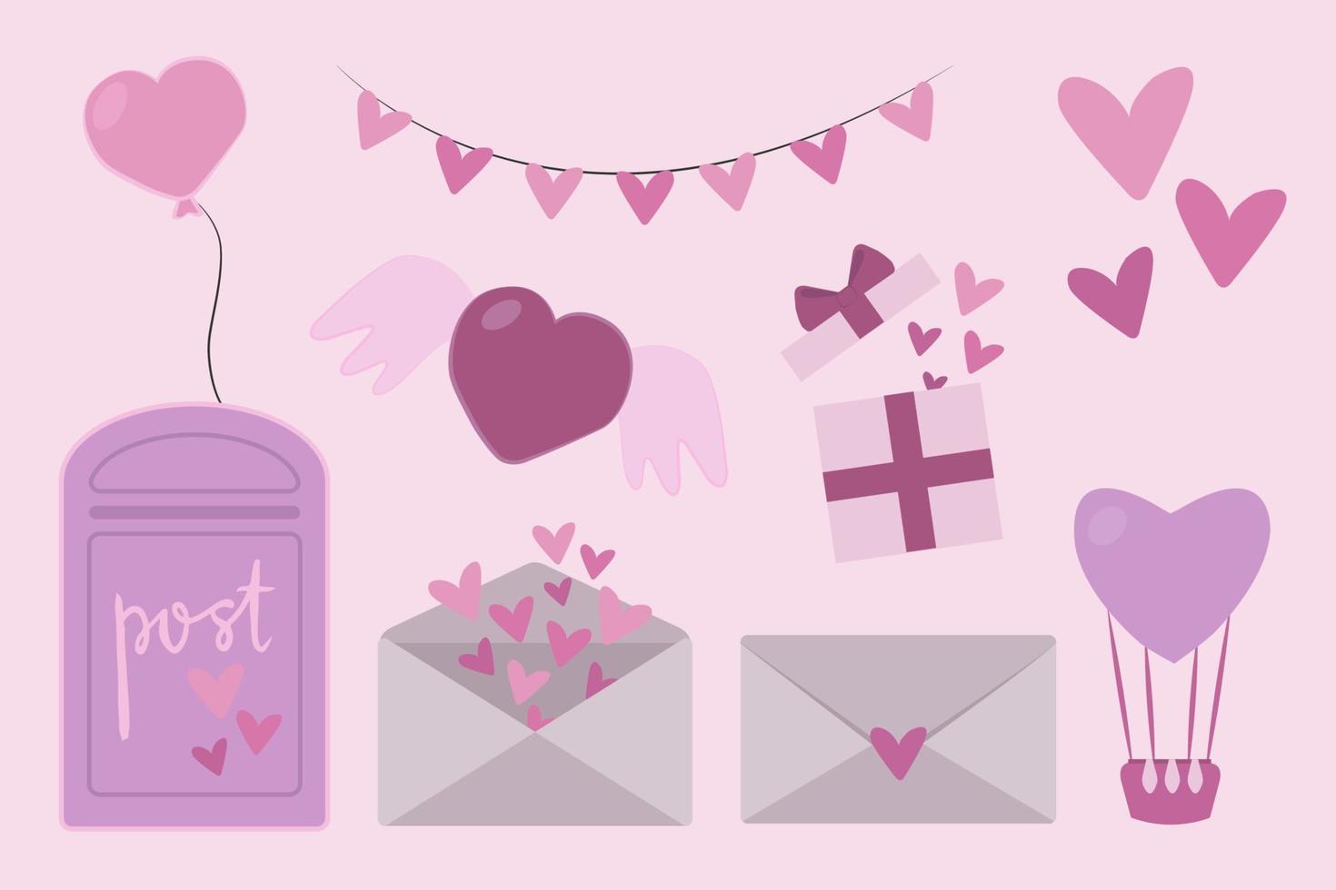 reeks van st. Valentijnsdag dagen elementen - postbus, liefde brieven, geschenk doos, harten. vector