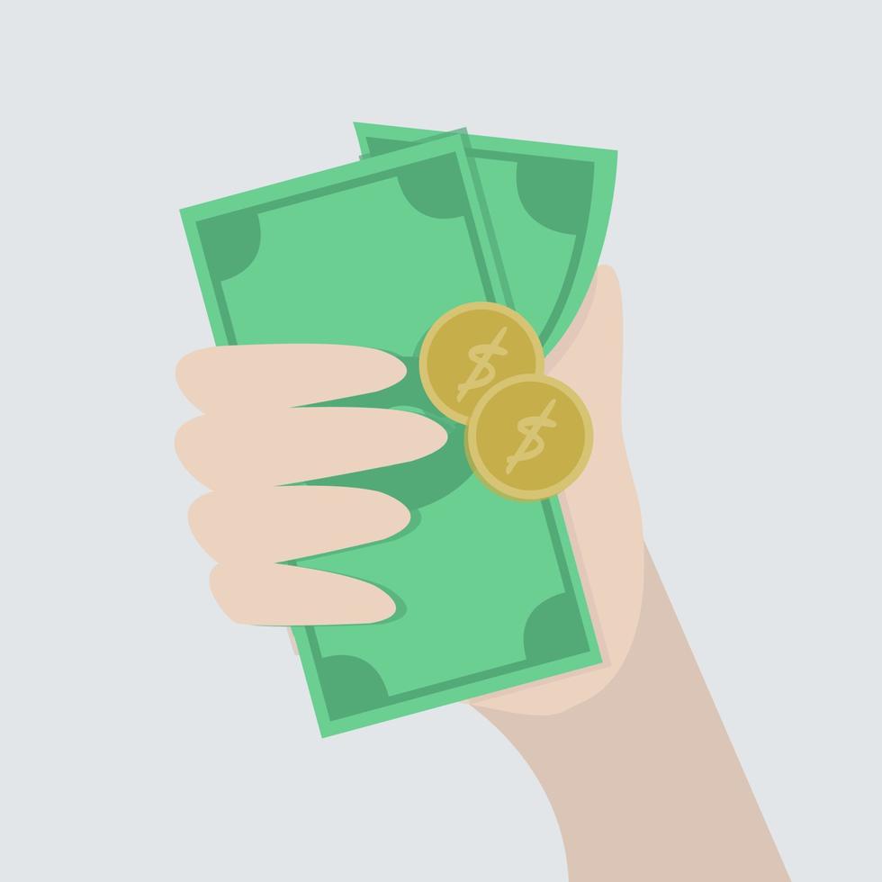 illustratie van hand- Holding een geld en munten. vector