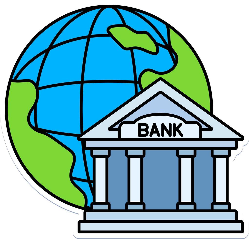 Internationale bank globaal financieel investering bedrijf betaling wereld gekleurde schets sticker retro vector
