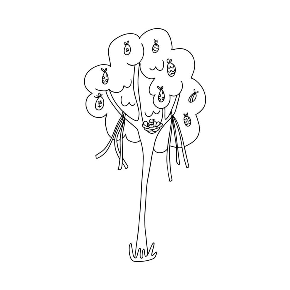een boom versierd met eieren en linten in tekening stijl. geïsoleerd schets. single afbeelding voor Pasen groet kaarten.hand getrokken vector illustratie in zwart inkt Aan wit achtergrond.