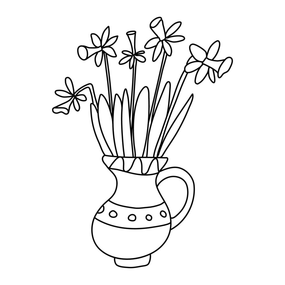 mooi hoor narcis bloemen zijn in een kruik versierd met patronen. vector hand- getrokken illustratie geïsoleerd Aan wit. zwart schets. tekening stijl. Super goed voor voorjaar en Pasen ontwerp, kleur boeken.